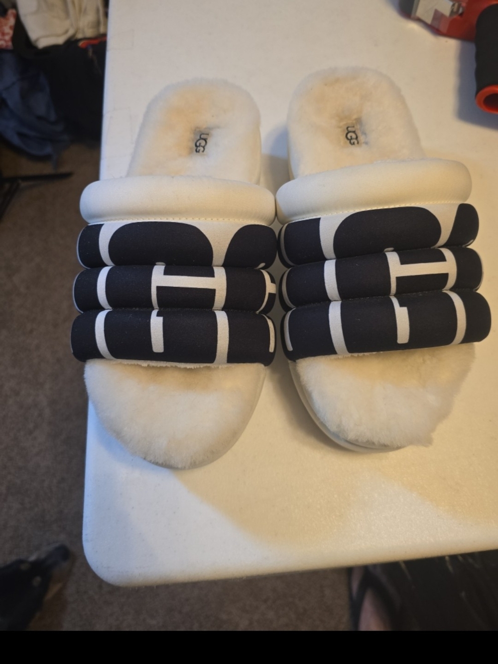 UGG Womens Black & White Shearling Slide Sandals